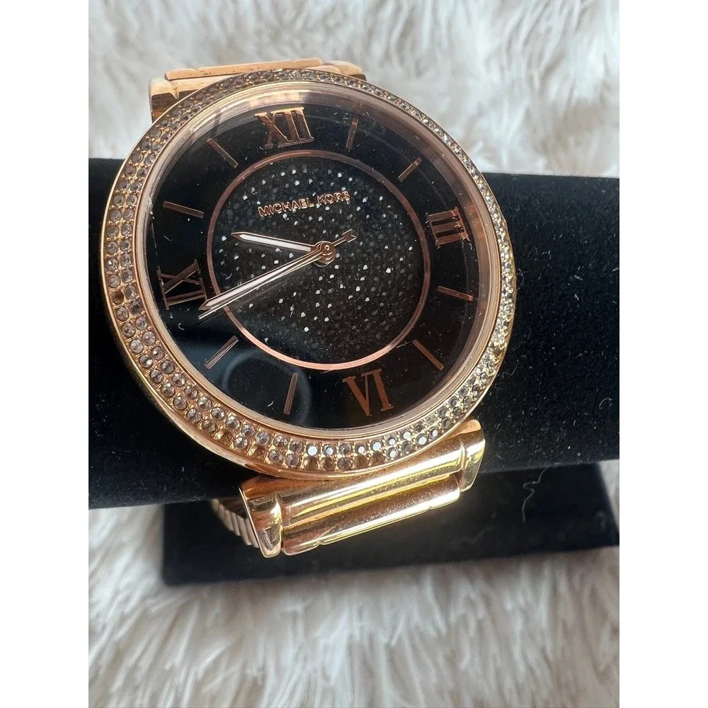 Michael Kors Watch Rose Gold  Black Sparkle Dial Crystal‎ Bezel Needs Battery